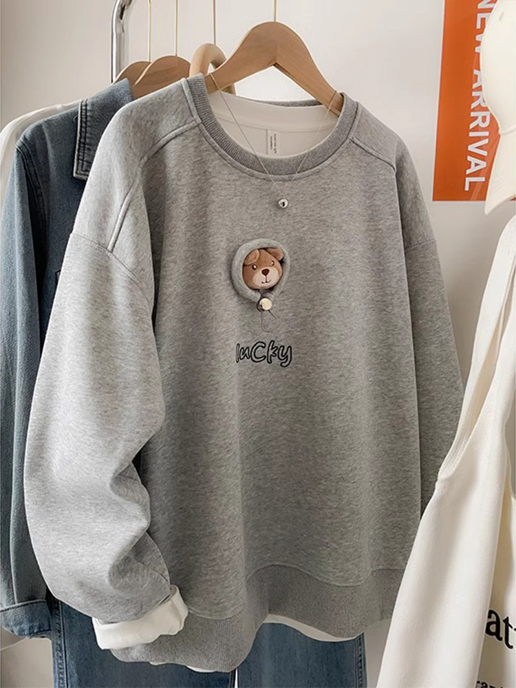 Autumn and Winter 2025 New Arrival Hooded Embroider Bear Hoodie Female Junior High School Student Korean Style Idle Style Loose Fleece Padded Coat