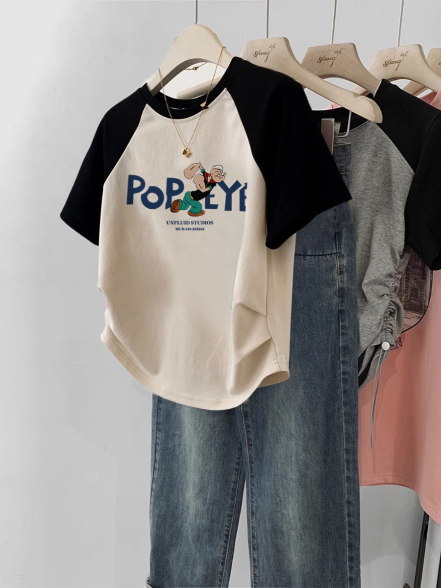 Chic Retro Short Tops Women's Plus Size Women's Raglan Sleeve Contrast Colors Slimming T-shirt Silm Stylish Short Sleeve Summer
