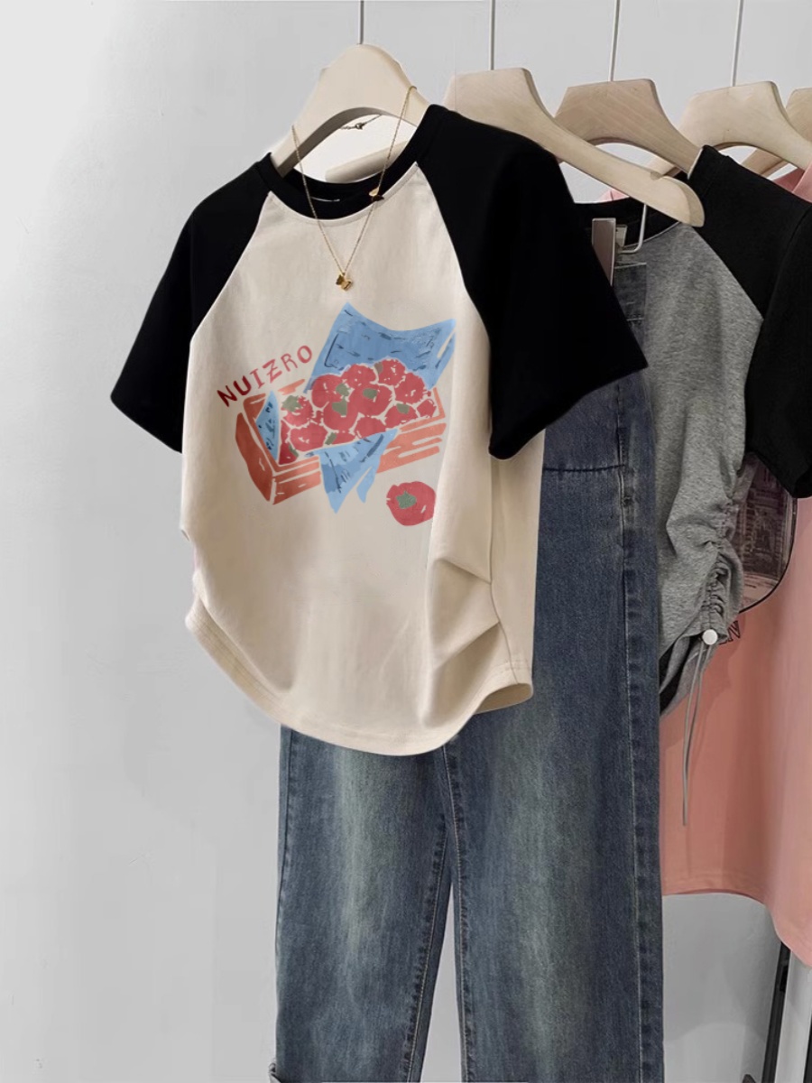2025 Short Summer Raglan Sleeve T-shirt Female American Retro Plus Size Plus Size Ladies Contrast Color Slim Fit Shoulder Slim Looking Tops