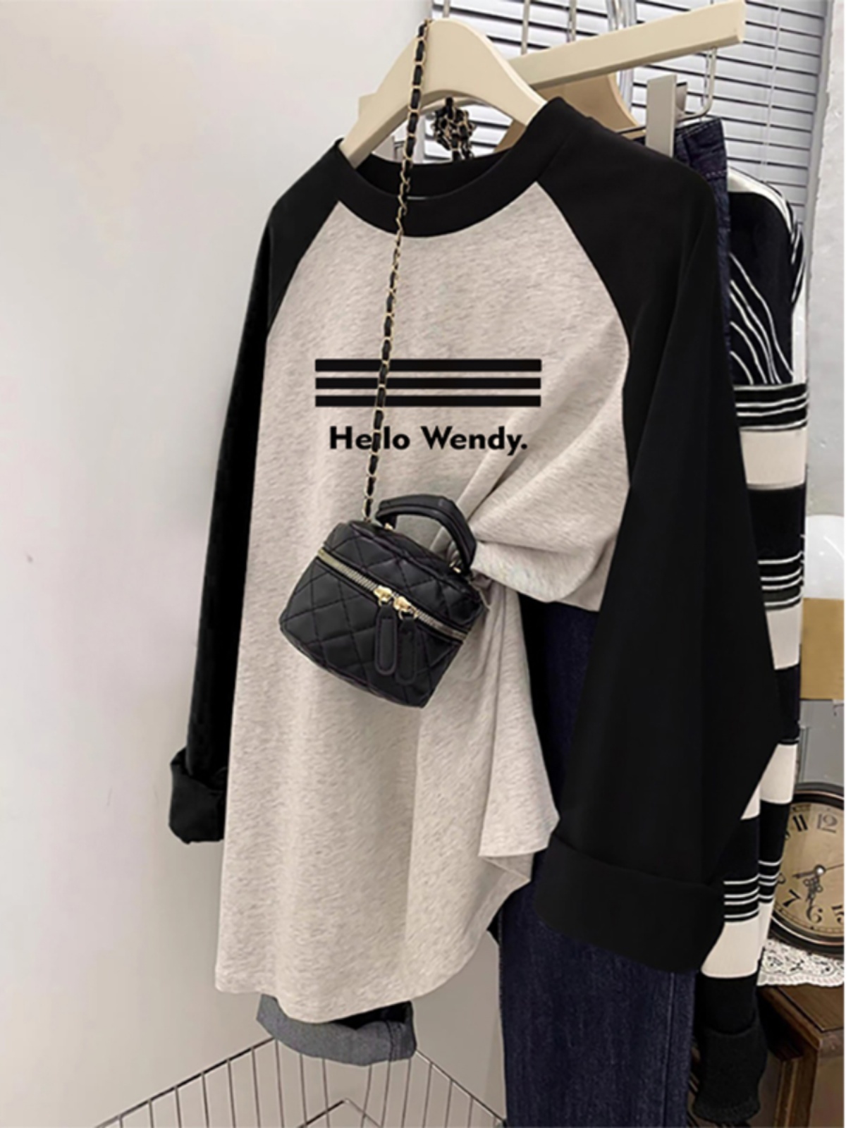 American Retro Contrast Color Raglan Long Sleeves T-shirt Female Spring & Fall Loose Inner Wear Plus Size Plus Size Ladies Bottoming Shirt Slim Looking Tops