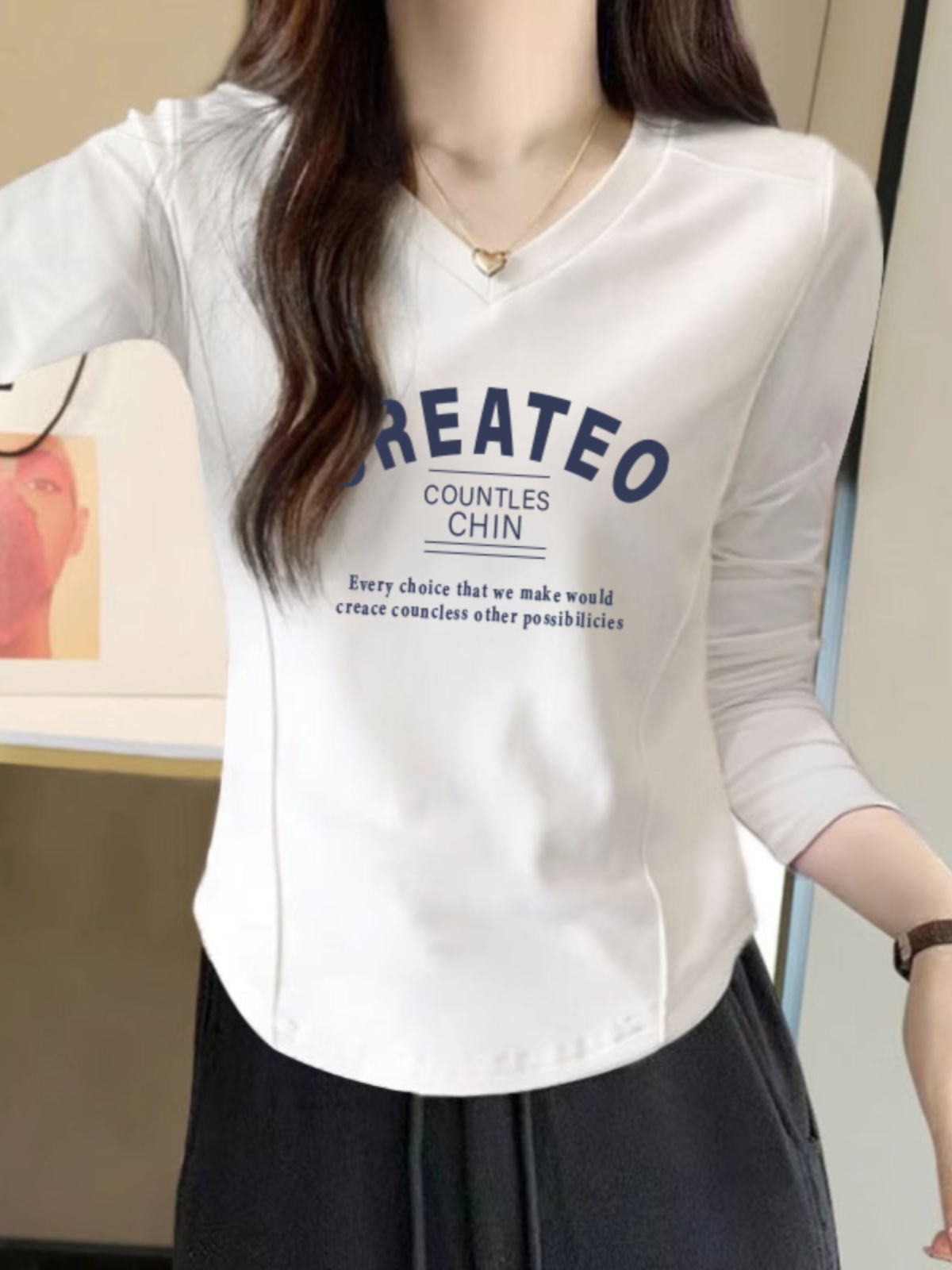 V Neck Long Sleeves T-Shirt Women's Short Silm Slim Looking Inner Bottoming Shirt Fishbone Spring & Fall New Arrival Plus Size Plus Size Ladies Top Clothes