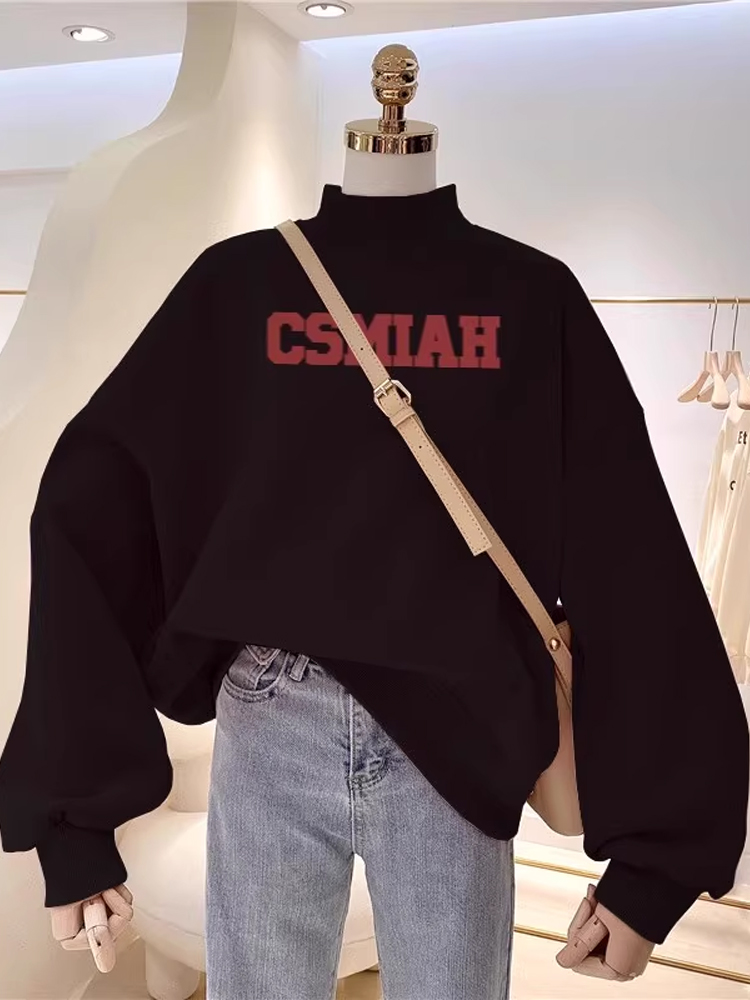 K-style Chic Casual Plus Size Mock Neck Hoodie Female Winter Fleece-lined Heattech Ins Tide Fancy Coat Top