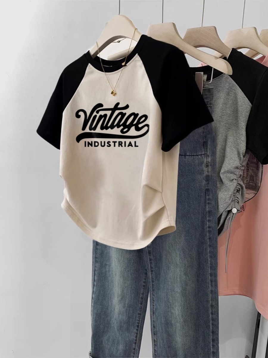 Contrast Color Raglan T-shirt Women's Short Sleeve 2025 New Arrival Summer Plus Size Slim-Fit Crop-Top Slimming Sense of Design Niche Style