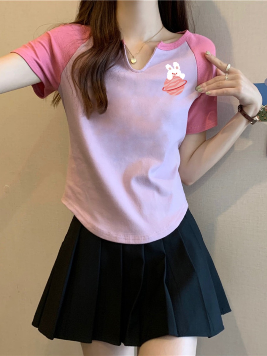 Raglan Sleeve Stylish Small Shoulder Short Dopamine Wear T-shirt Female Plus Size Plus Size Ladies Figure Flattering Belly-Covering Tops