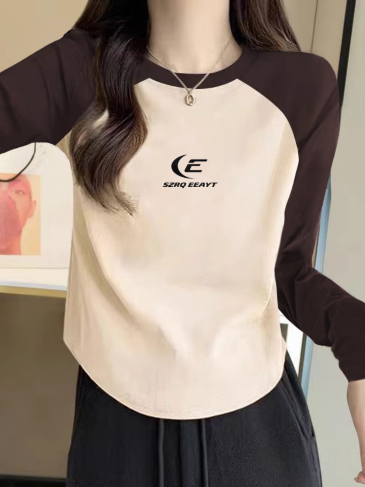 Contrast Color Plus Size Plus Size Ladies Raglan Sleeve Bottoming Shirt Women's Inner Wear 2025 Spring & Fall New Arrival Slim Fit Long-Sleeved T-shirt Top Clothes