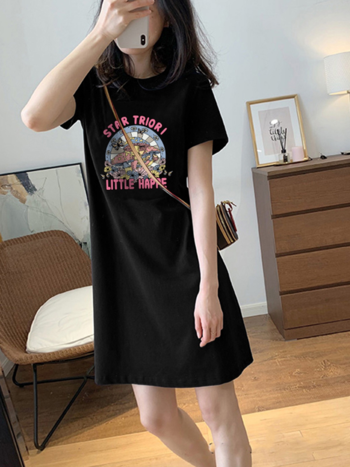 Plus Size Mid-Length T-Shirt Dress for Chubby Girls: Slimming, Belly-Concealing, Niche Design, Over-the-Knee Black Summer Style