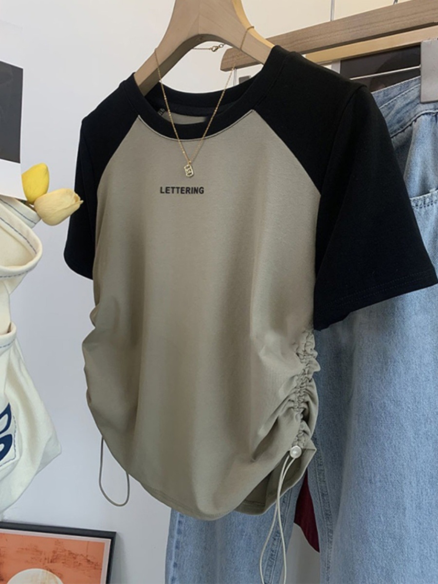 American-Style Short Drawstring Raglan Short Sleeve T-Shirt Women's Plus Size Plus Size Ladies Stylish Small Shoulder Slimming Contrast Color Top Clothes