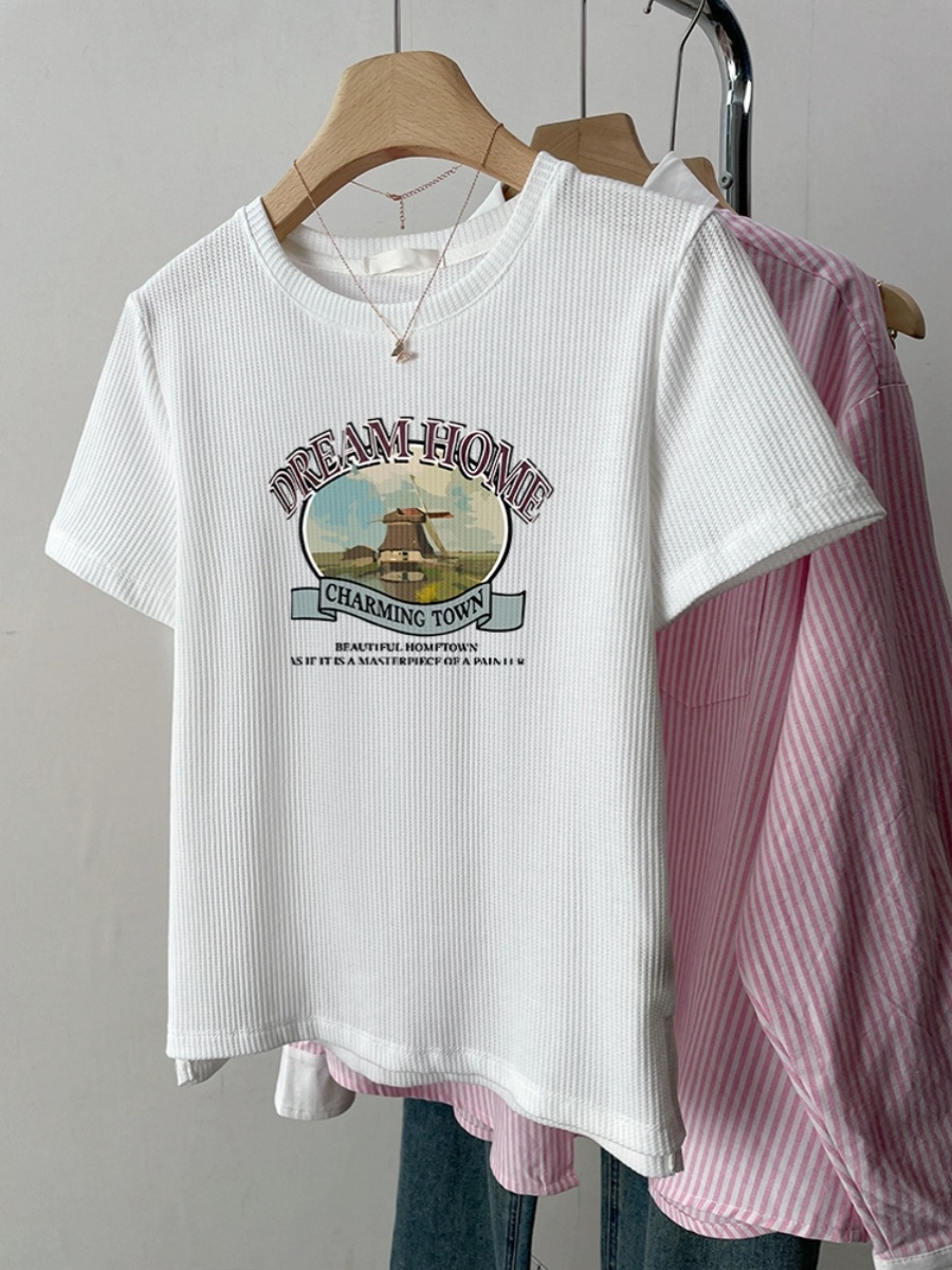 Waffle Stylish Niche Style American Retro Plus Size Short Sleeve Loose T-shirt Women's Summer New Arrival Plus Size Ladies Top Clothes
