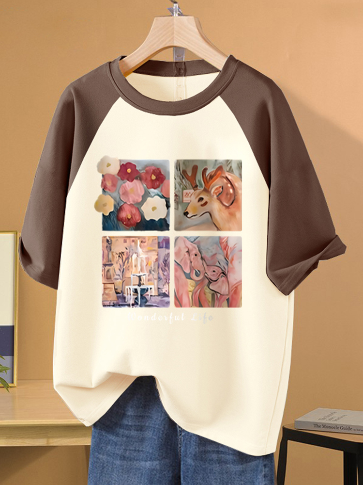 Raglan Short Sleeve Pure Cotton Loose-Fitting Casual T-shirt Women's Summer American Plus Size Retro Lazy Style Slim Looking Tops Plus Size Ladies