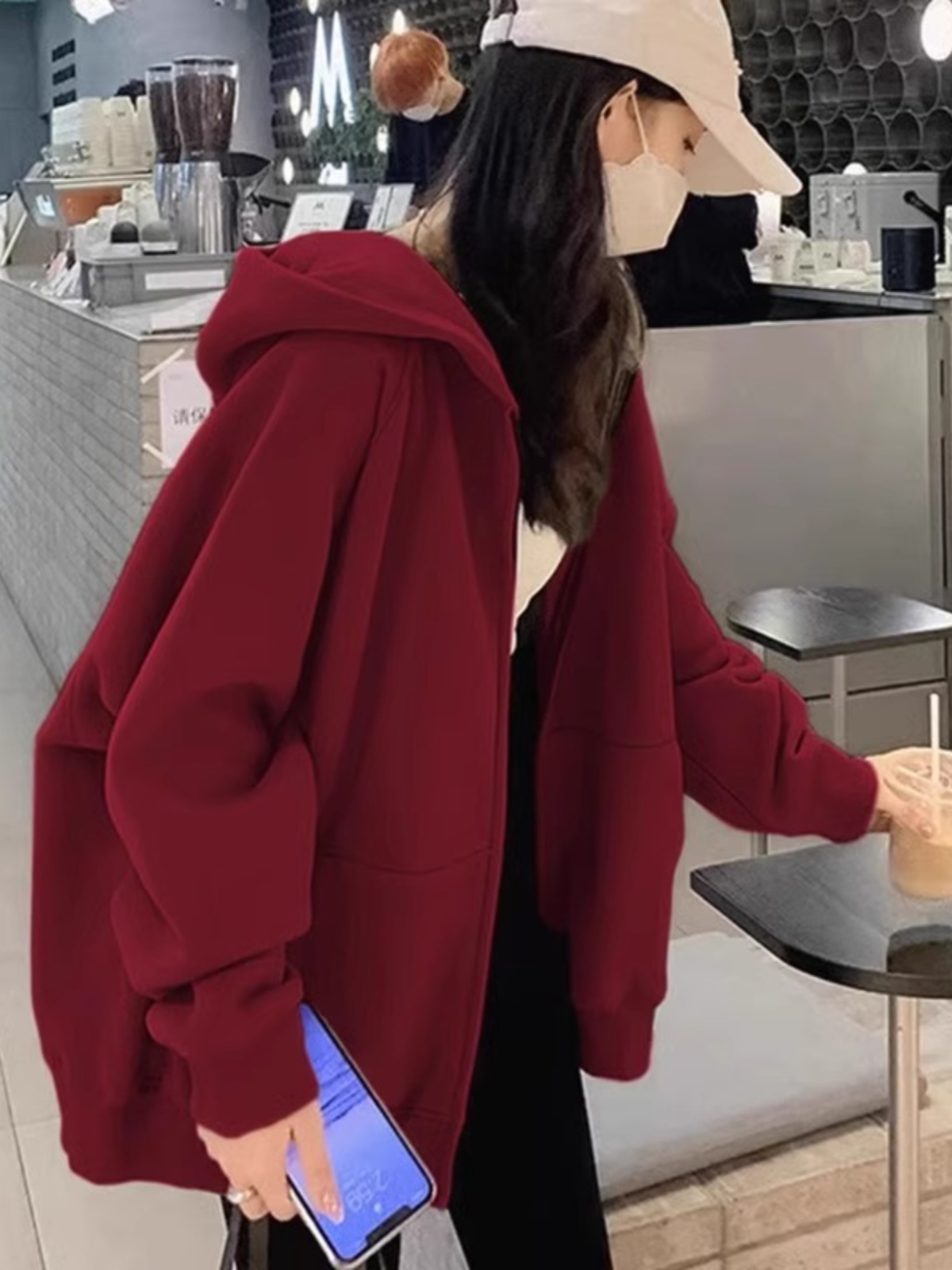Shandong Jimo Wine Red Autumn and Winter Brushed Hoody Loose Hooded Zip Cardigan Outwear Female Spring and Autumn Plus Size