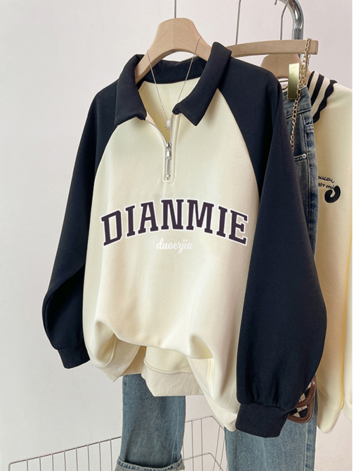2025 Fall and Winter New Arrival American Stylish Raglan Long Sleeves Sweatshirt Female Plus Size Plus Size Ladies Loose Polo Collar Outwear Tide