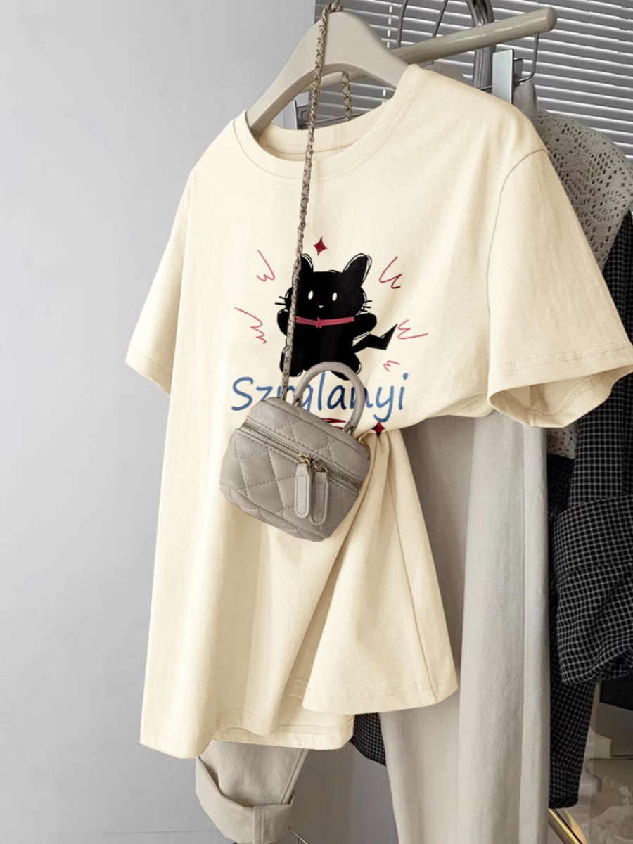 Plus Size Loose Slim Looking 100.00kg Plus Size Ladies Short-Sleeved T-shirt Women's Summer American Retro Stylish Pure Cotton Top T-shirt