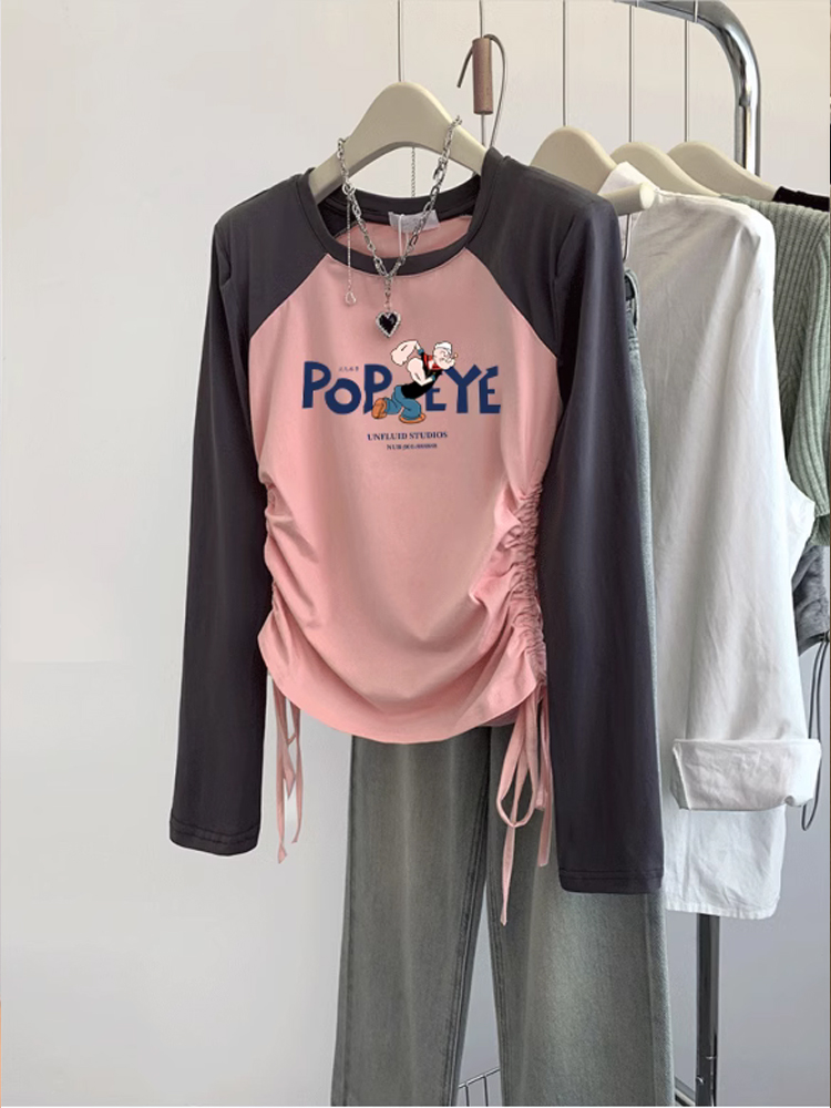 Retro Design Slim-Fit Crop-Top Long Sleeve T-shirt