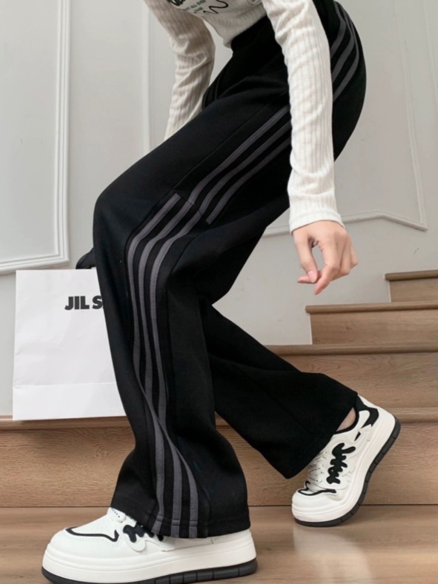 Sports Pants Female Spring & Fall New Arrival Plus Size Plus Size Ladies Slim Looking Loose American Retro Stripes Straight Drooping Wide-Leg Pants