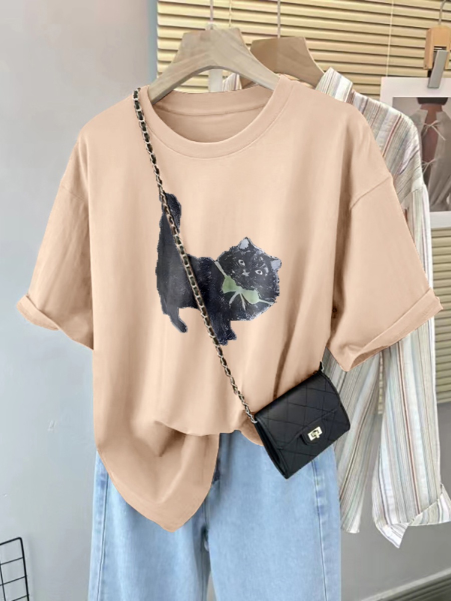 American Retro plus Size Women's Clothes Short Sleeve Pure Cotton T-shirt Female 2025 Summer New Arrival Slim Looking Belly Covering Plus Size Ladies Top Clothes