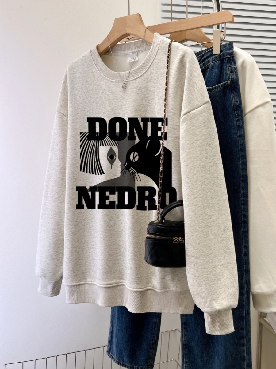 Korean Style Idle Style Light Gray round Neck Sweatshirt Women's Fall and Winter New Arrival Loose Plus Size Plus Size Ladies Velvet Padded Thickened Coat Fashion