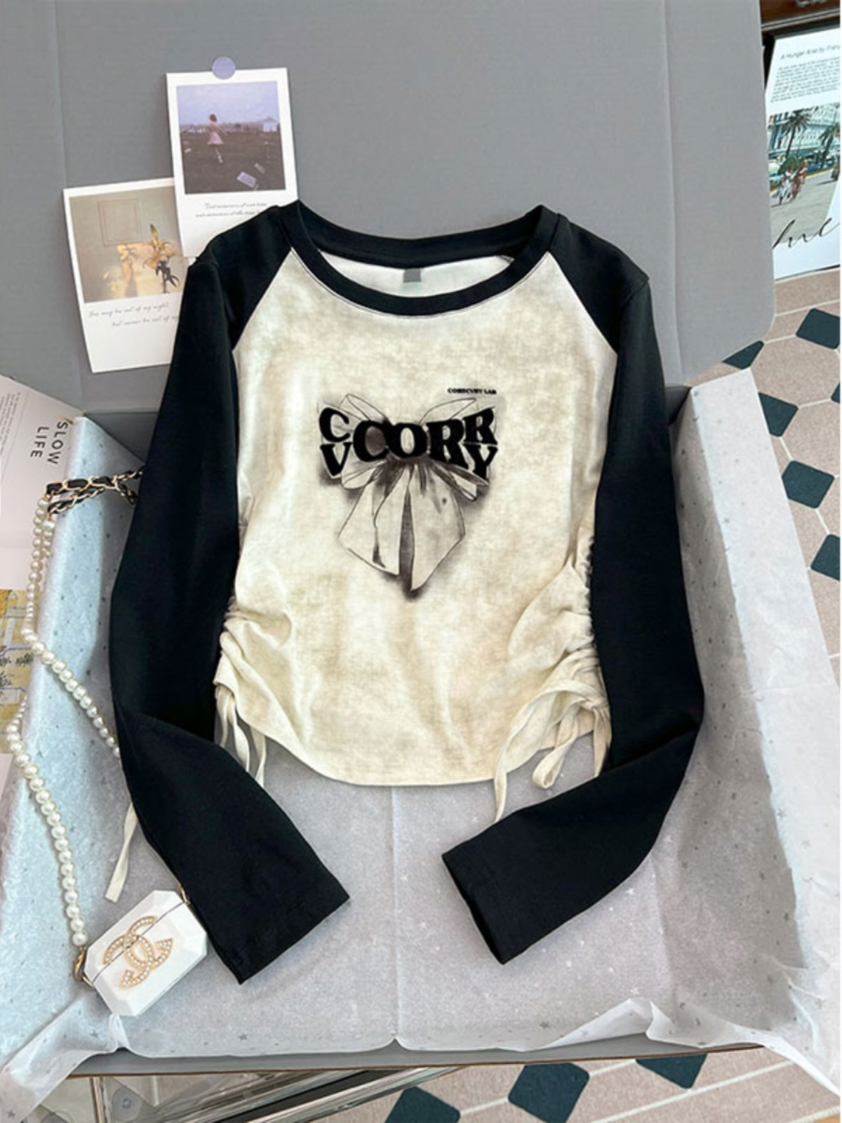 Plus Size Tie-Dyed Raglan Sleeve T-Shirt Women's Stylish Drawstring Short American Retro Bottoming Shirt Spring and Autumn Long Sleeve Top