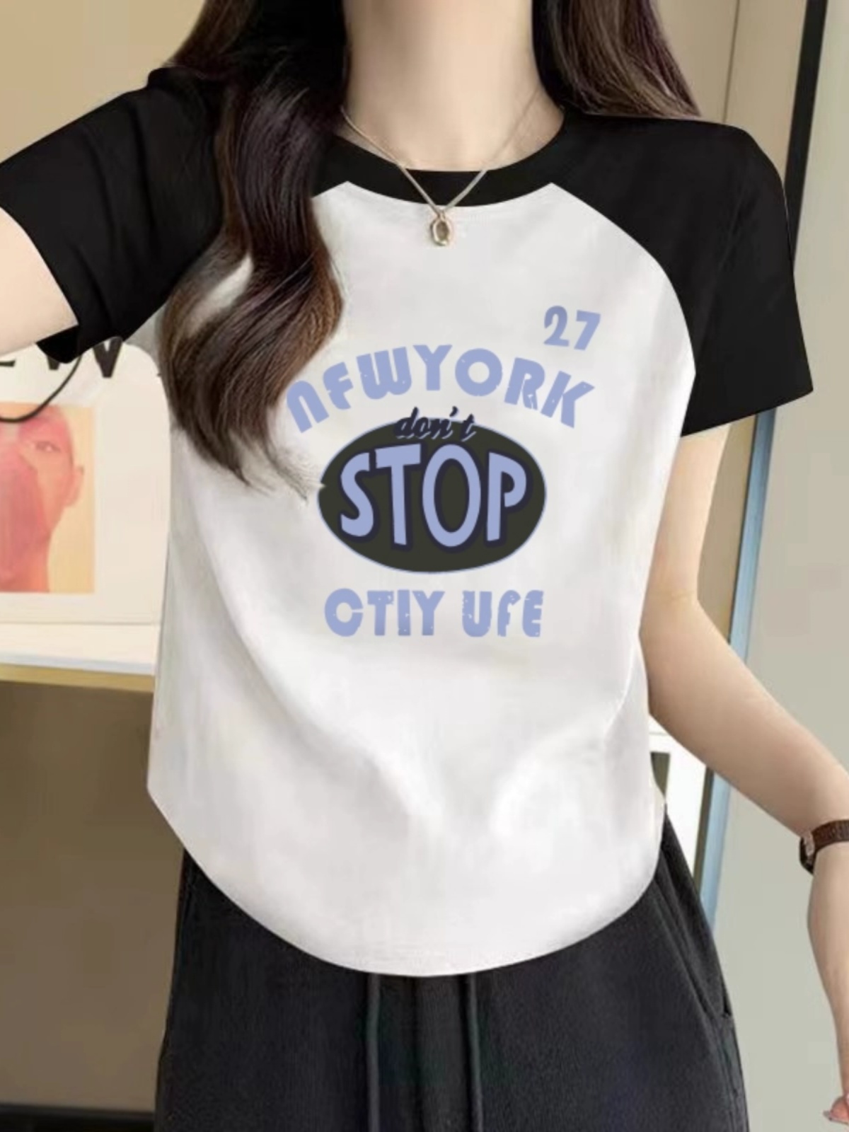 Shoulder Short Sleeve T-shirt for Women Plus Size Plus Size Ladies Summer 2025 New Arrival Slim Looking Silm Short Raglan Sleeve Contrast Color Tops