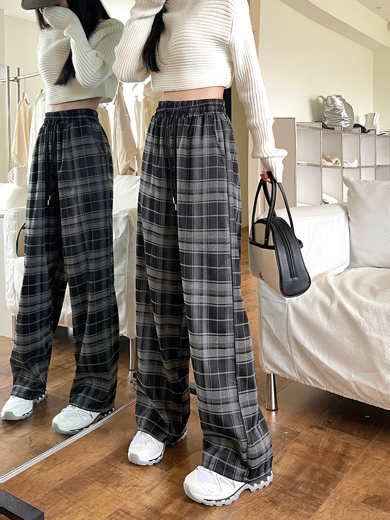 Yellow Plaid Pants Children Fall and Winter 2025 New Arrival High Waist Drooping Casual Slimming Retro Straight-leg Fleece Wide-Leg Pants
