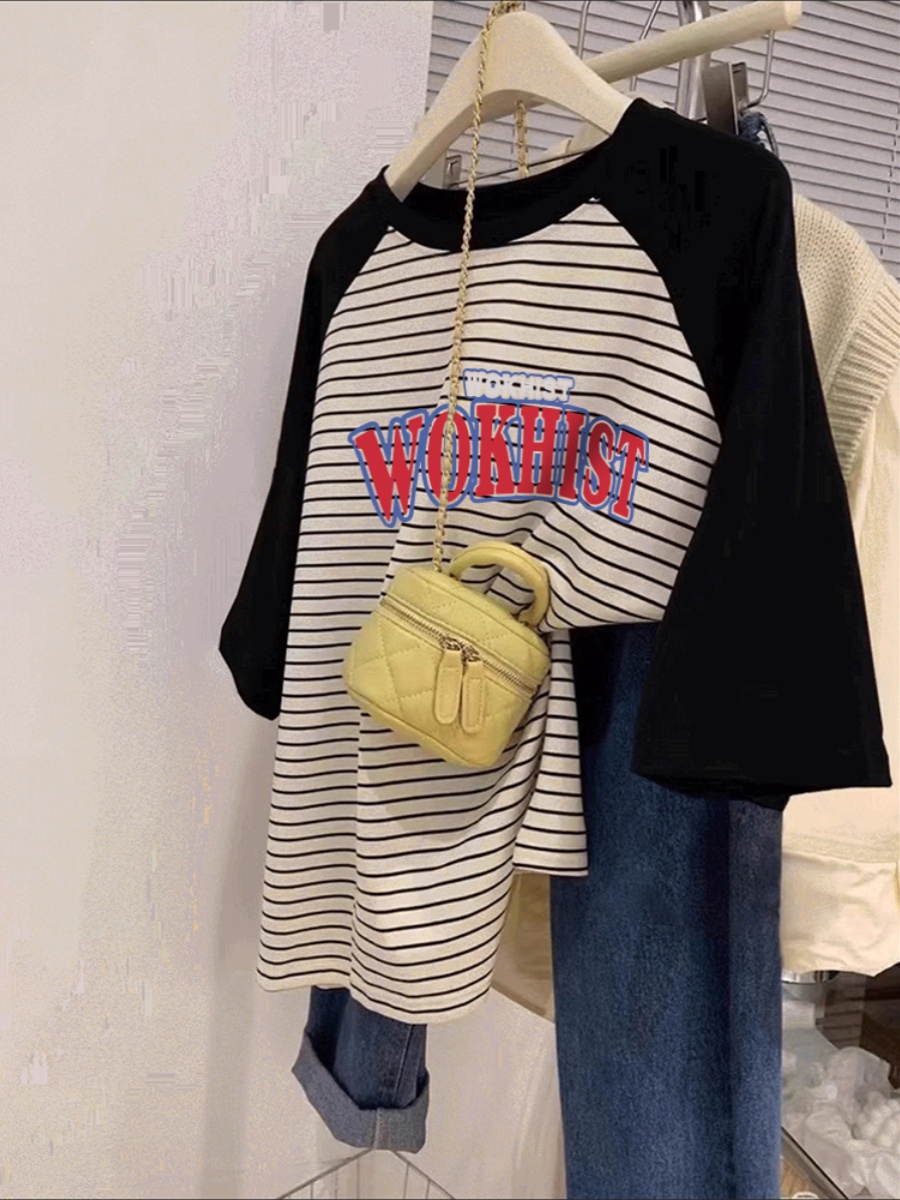 2025 Summer New Arrival Stripes Pure Cotton round Neck Short Sleeve T-Shirt Women's Easiest for Match Loose Western Style Plus Size Tops Bottoming Shirt