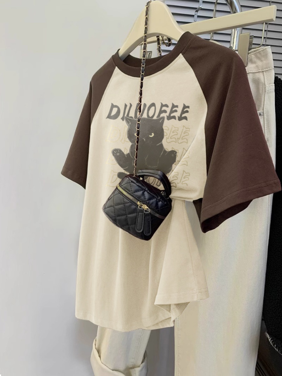 2025 Summer New Arrival Color Matching Short Sleeve T-Shirt Female Loose All-Matching Youthful-Looking Small Bear Print T-shirt Top