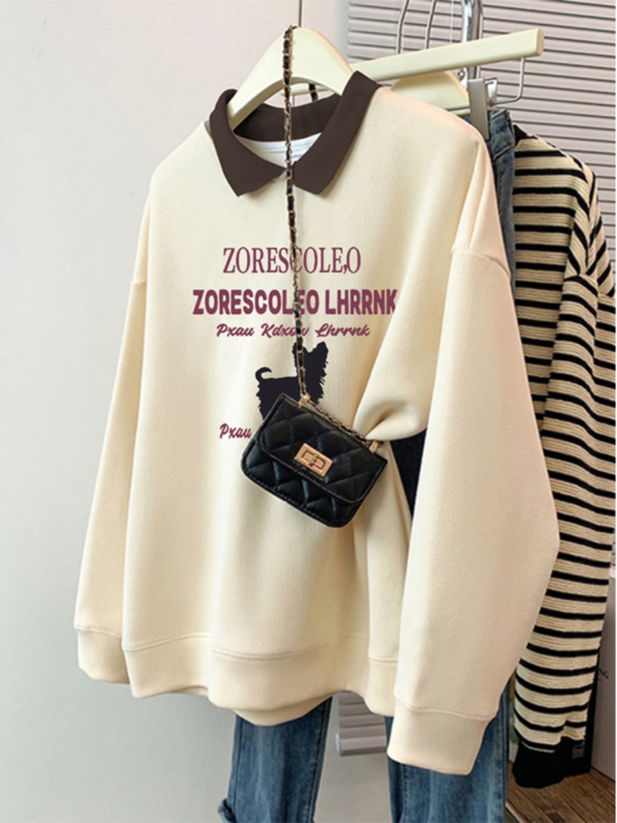 Polo Collar Sweatshirt Female Fall and Winter New Design Sense Niche Style Age Reduction Plus Size Loose Lapel with Velvet Slimming Coat Tide