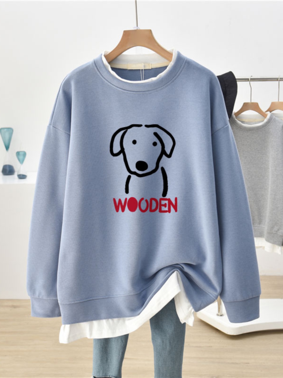 Plus Size Plus Size Ladies Loose False Two Pieces round Neck Sweatshirt Female American Oversize Fall and Winter Velvet Padded Thickened Coat Tops