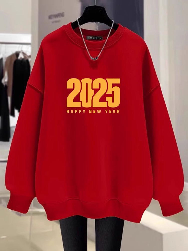 Plus Size Plus Size Ladies Loose Snake Year Birth Year round Neck Sweatshirt Women's Red New Style Outwear Hooded Top Clothes