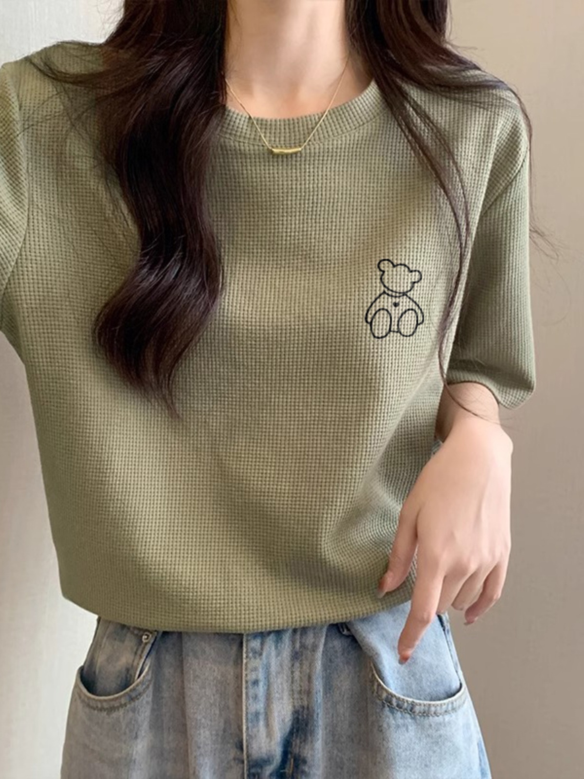 Waffle Short Sleeve T-shirt for Women 2025 Summer New Arrival Loose Slimming Laid-Back Style Plus Size Plus Size Ladies Half Sleeve Top Clothes