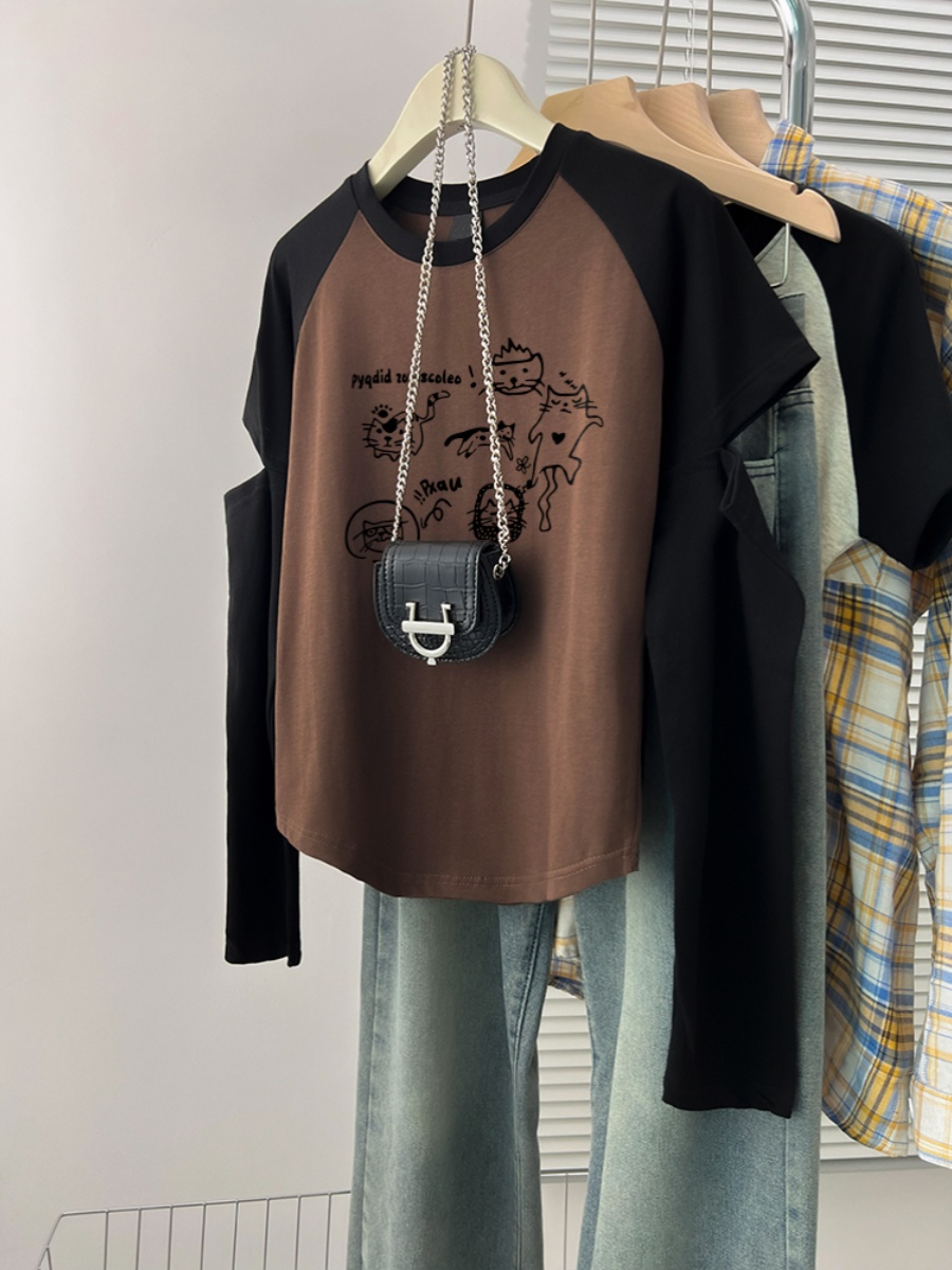 Plus Size Loose Plus Size Ladies Raglan Long Sleeves T-Shirt Female Stylish Niche Style Oversize Spring & Fall New Arrival Patchwork Top