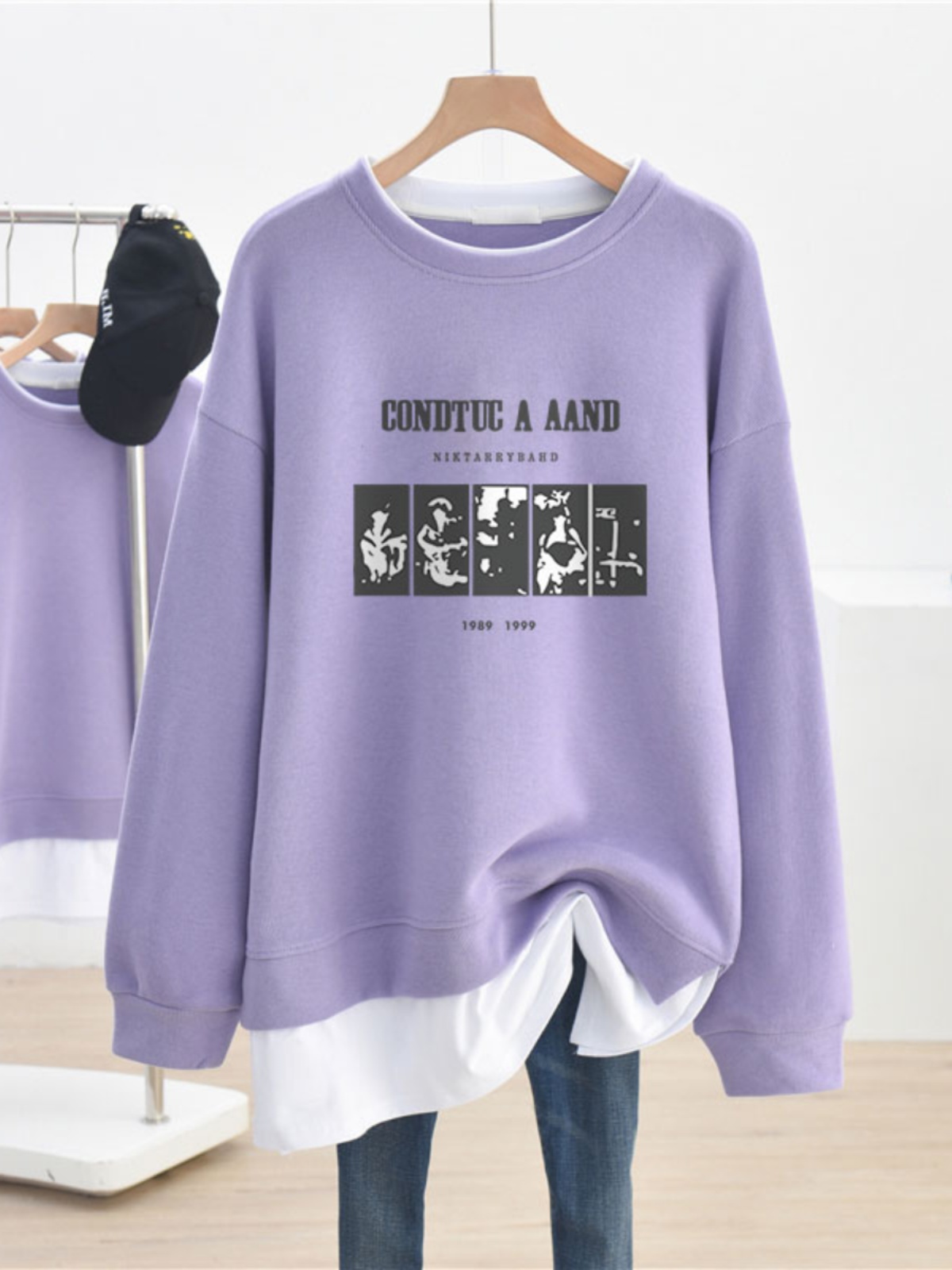 Fake Two-Piece 2025 Autumn and Winter round Neck Sweatshirt Female Winter Fleece-lined Thickened Plus Size Loose Slim Looking Korean Style Lazy Style Top