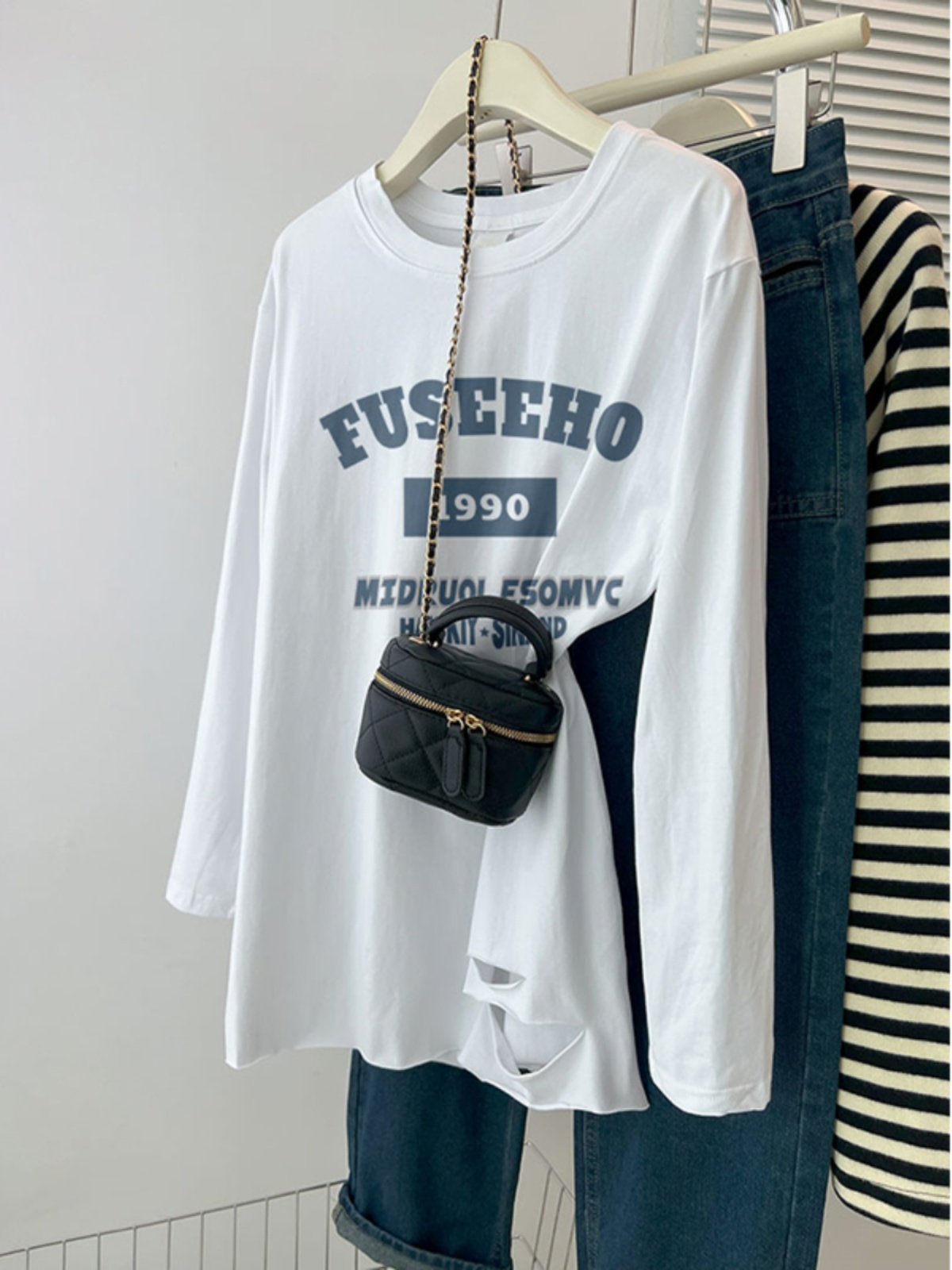 Plus Size Plus Size Ladies Stylish Niche Style Long Sleeves T-shirt Female Slim Looking Belly Covering Ripped Mid-Length American Base Shirt Tops