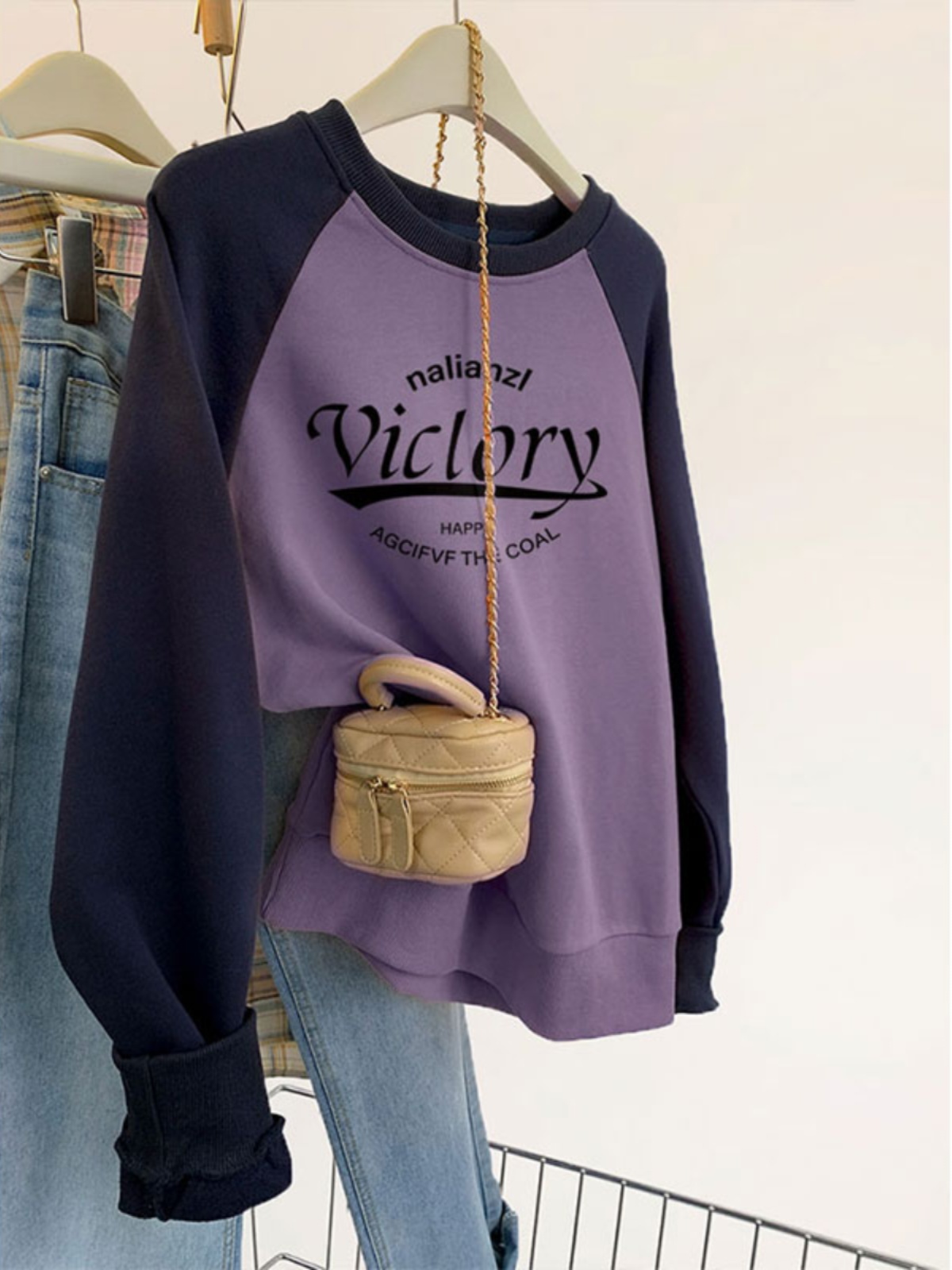 Hoodless Sweater 2025 Autumn Winter New Coat Women Loose Plus Size American Retro Raglan Sleeve Contrast Color Pullover Tops