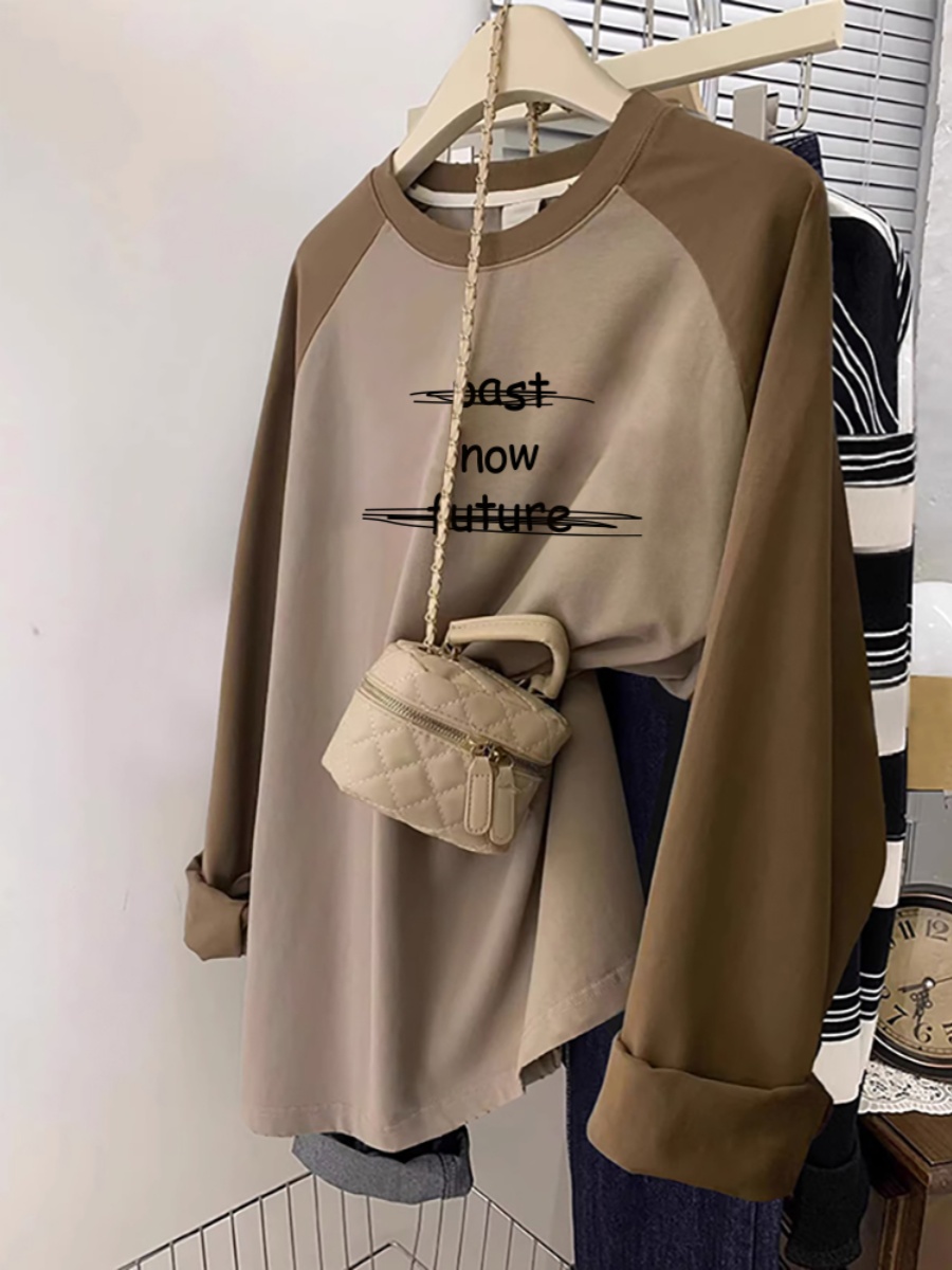 Plus Size Women's Clothing Plus Size Ladies Spring & Fall 2025 New Arrival Shoulder Raglan Long Sleeves T-shirt Slim Looking Belly Covering American Retro Tops