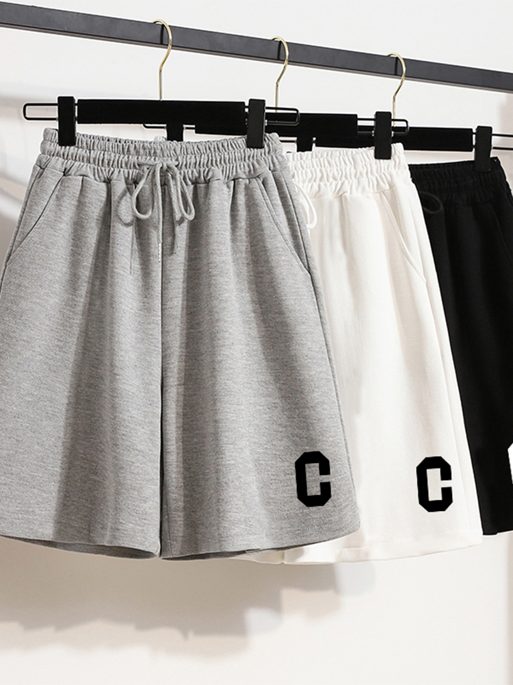 Gray High Waist Wide-Leg Half Pants Women's Summer Pure Cotton Thin Hong Kong Style Plus Size Plus Size Ladies Loose Sports Short Pants Tide