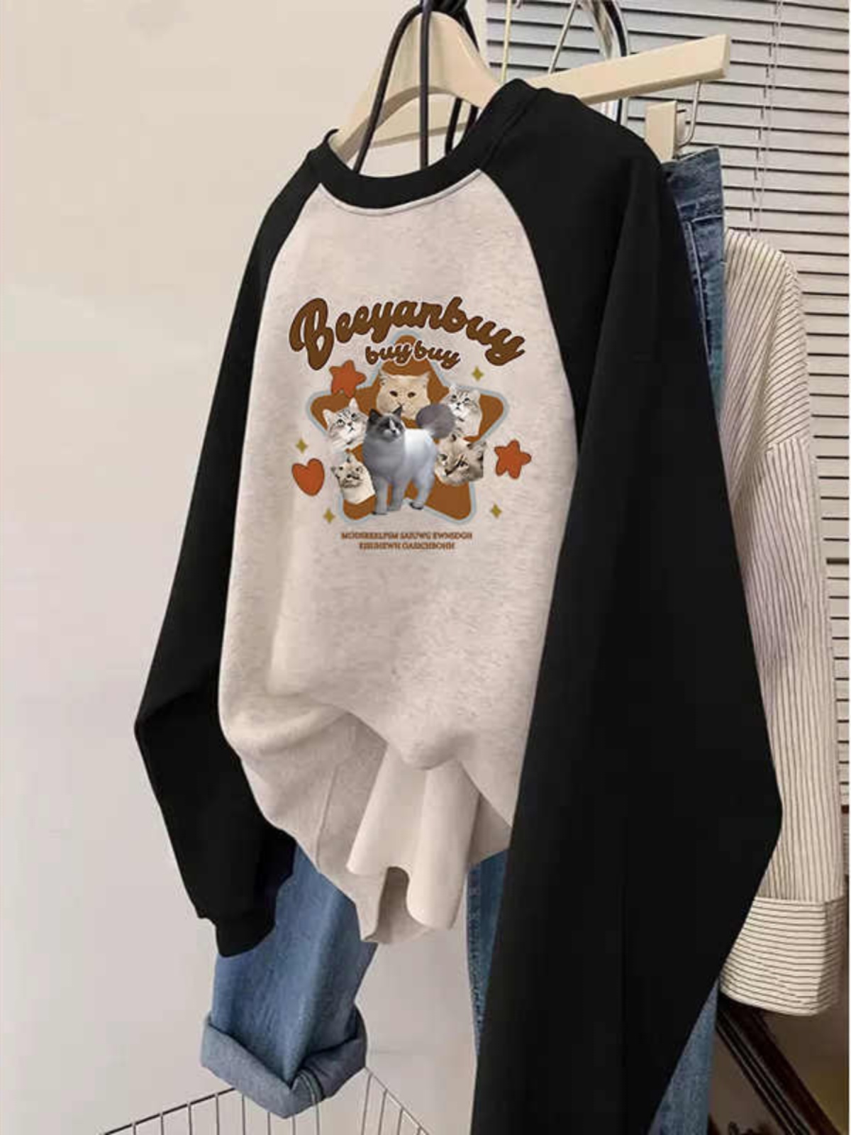 American Retro Raglan Sleeve round Neck Sweatshirt Female Fall and Winter Fleece-lined 2025 New Arrival Plus Size Plus Size Ladies Loose Laid-Back Coat