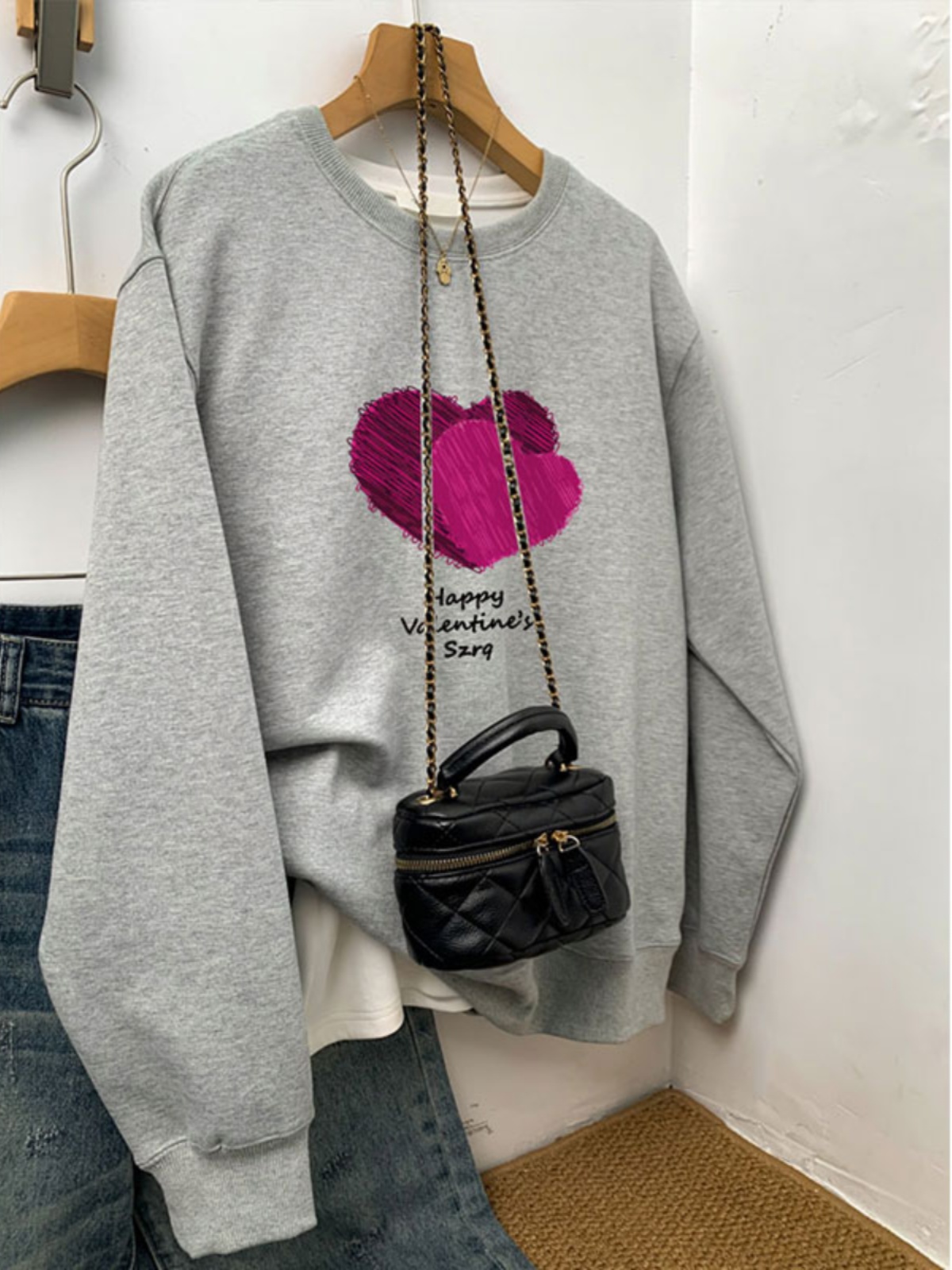 2025 New Arrival Fall and Winter Fleece-lined Thick round Neck Gray Sweater Female Plus Size Plus Size Ladies Loose-Fitting Non-Hoodie Petite Top