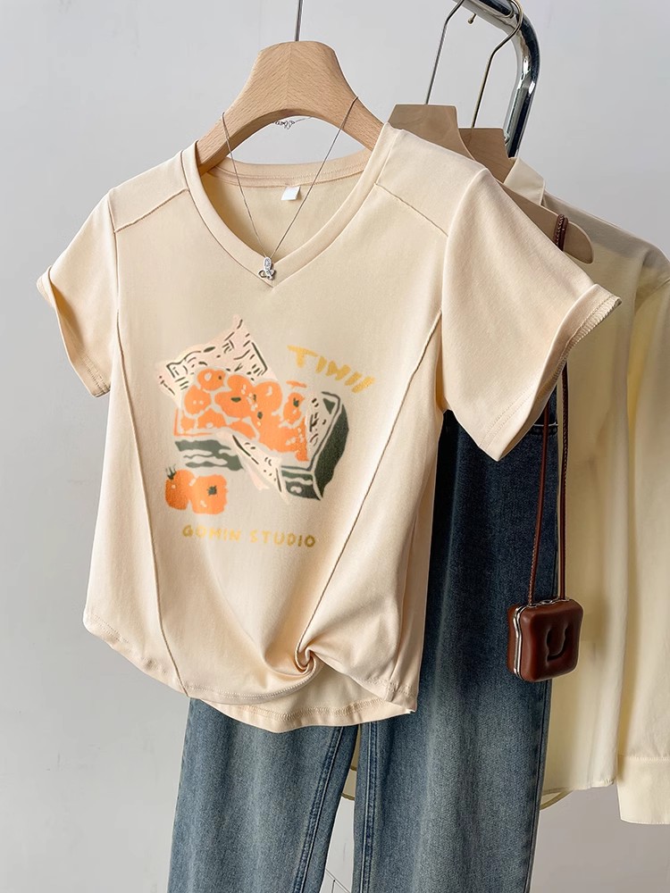 American Retro Short Silm Shoulder V Neck Fishbone T-shirt Women's 2025 Summer New Design Sense Niche Style Top Clothes