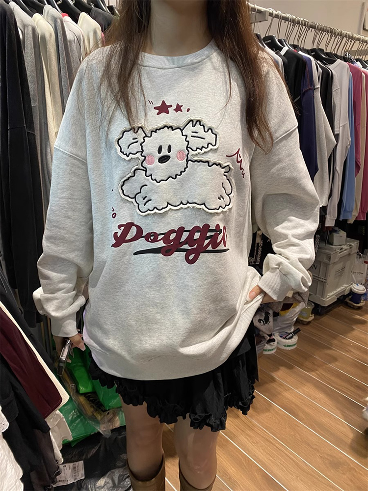 Paste Cloth Embroidery Sweatshirt Female 2025 Fall and Winter New Arrival Best Selling Fleece-lined Thickened Plus Size Idle Style Top without Hood Outwear