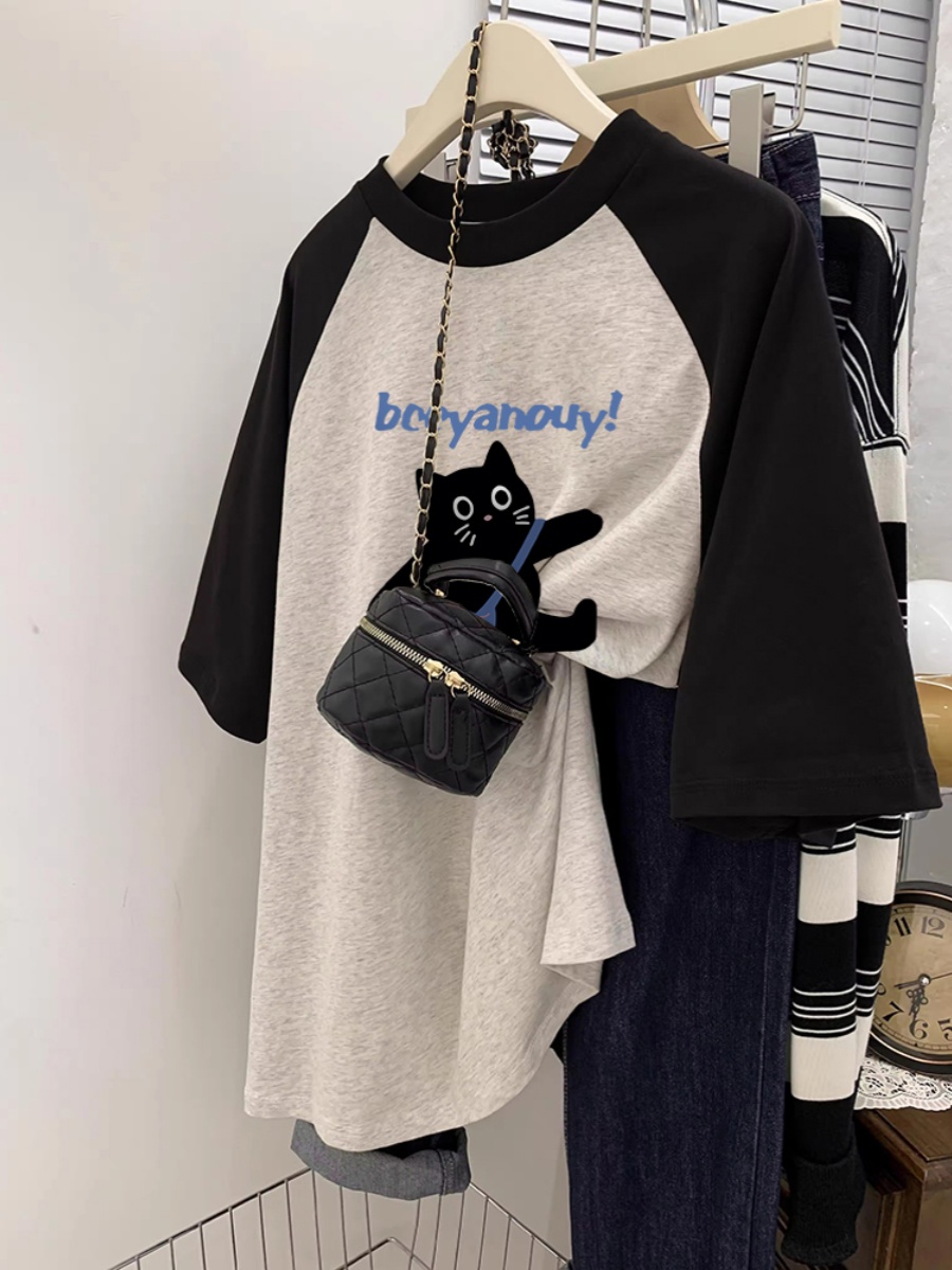 Plus Size Ladies Plus Size Color Matching Raglan Pure Cotton Short Sleeve T-Shirt Women's Summer Wear 2025 New Arrival Slim-Looking Half-Sleeved Top Ins Top