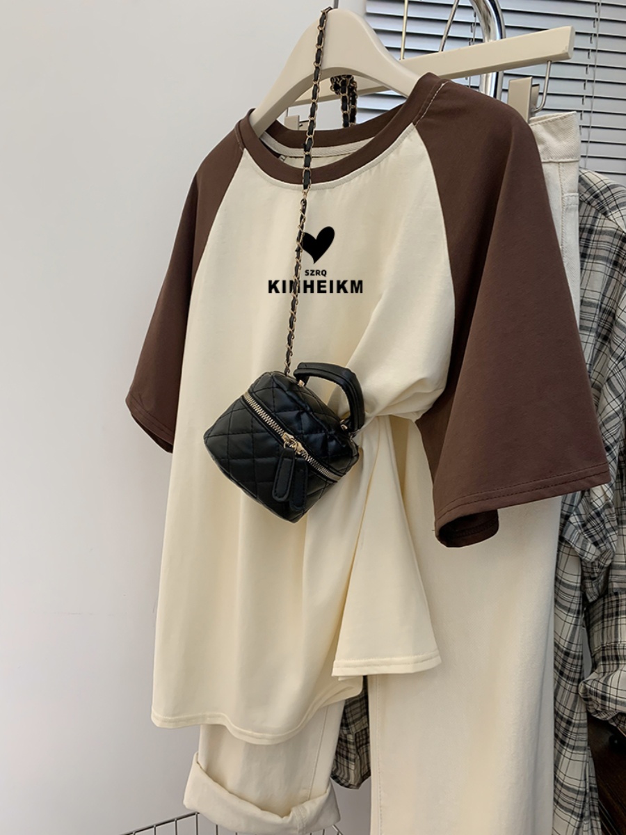 Contrast Color Raglan Sleeve Short Sleeve T-Shirt Women 2025 Summer Plus Size Oversize Loose Half-Sleeved T-shirt 100% Cotton Coat