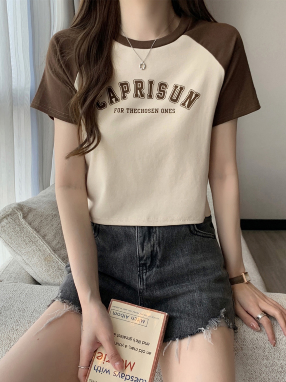 Pure Cotton Contrast-Color Raglan Sleeve Silm Shoulder Short Short Sleeve T-shirt Female 2025 Summer New Arrival Plus Size Oversized Girls' Top