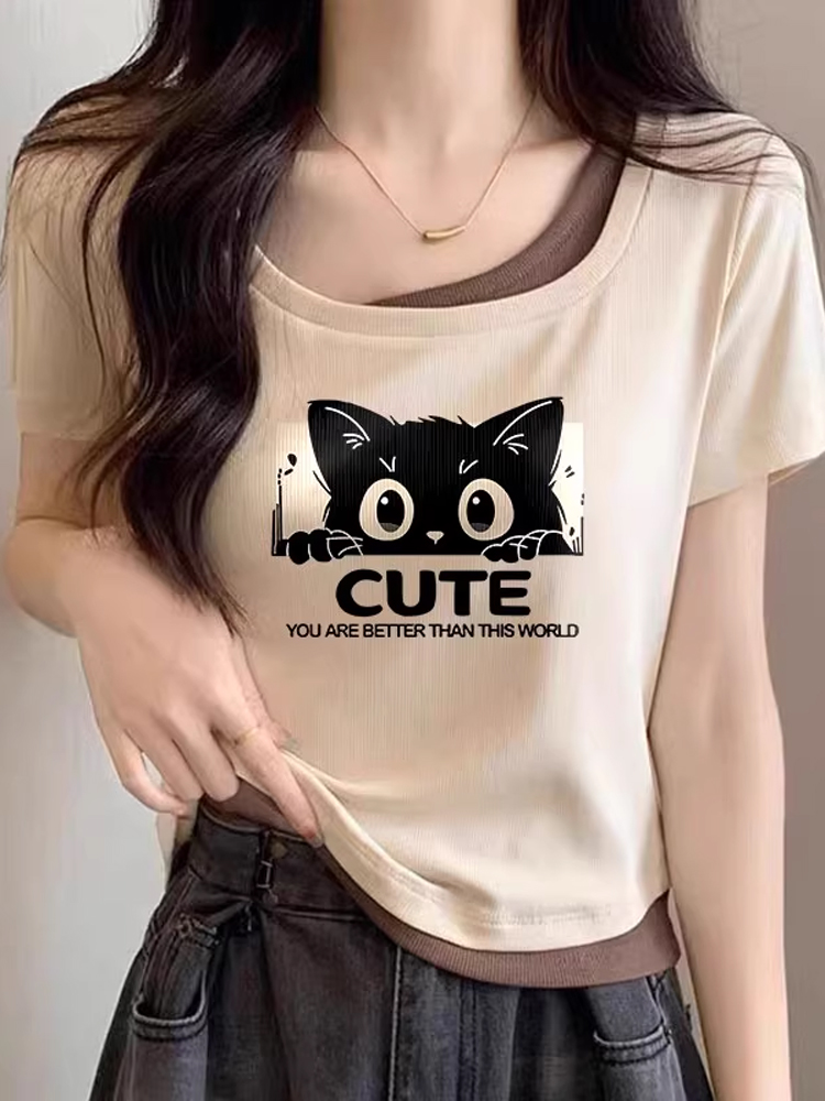 2025 Summer New Arrival Short Fake Two-Piece Silm Shoulder T-shirt Female Color Stylish Niche Style Plus Size Oversized Girls' Top