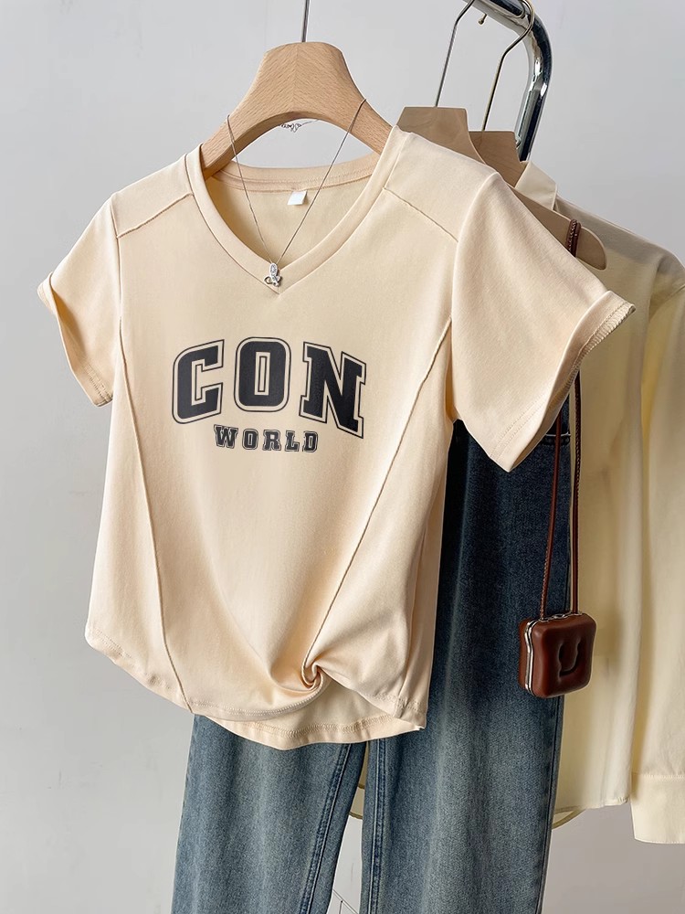 2025 Summer New Arrival Plus Size Plus Size Ladies Shoulder Short-Sleeved T-shirt Female V Neck Stylish Niche Style Slim Looking Silm Tops