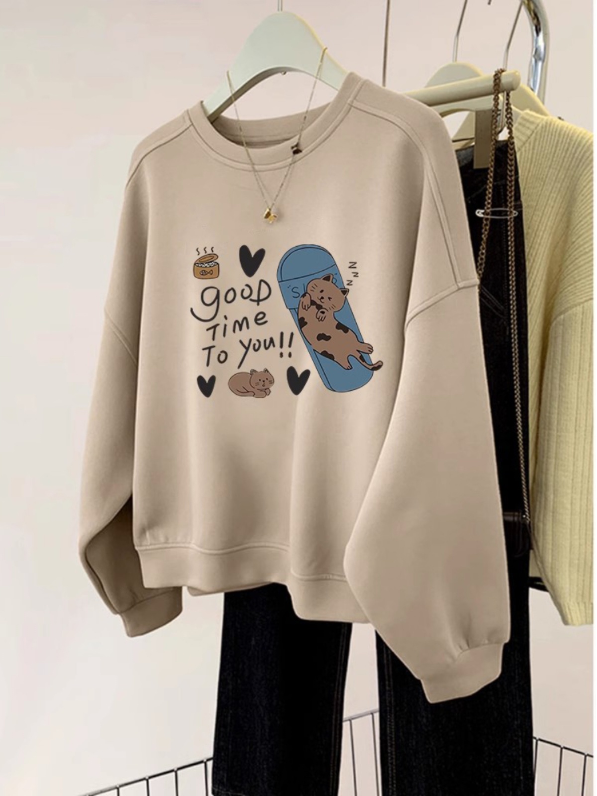 American Retro Stylish round Neck Sweatshirt Women's Autumn and Winter Lazy Style Plus Size Women's Clothing Loose Oversize Outwear Fashion