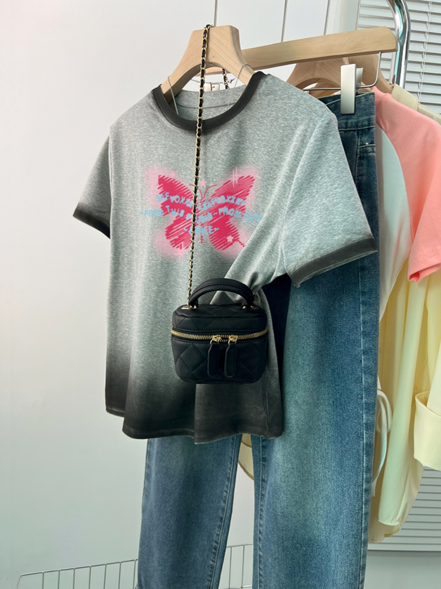 Large Size Gray Gradient Slim Looking Fat Hiding Top 2025 New Arrival Summer Plus Size Ladies American Retro Short Sleeve T-Shirt Women