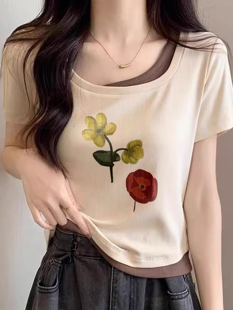 American Retro Fake Two-Piece Short Silm Summer T-shirt Female Stylish Small Shoulder Short Sleeve plus Size Top