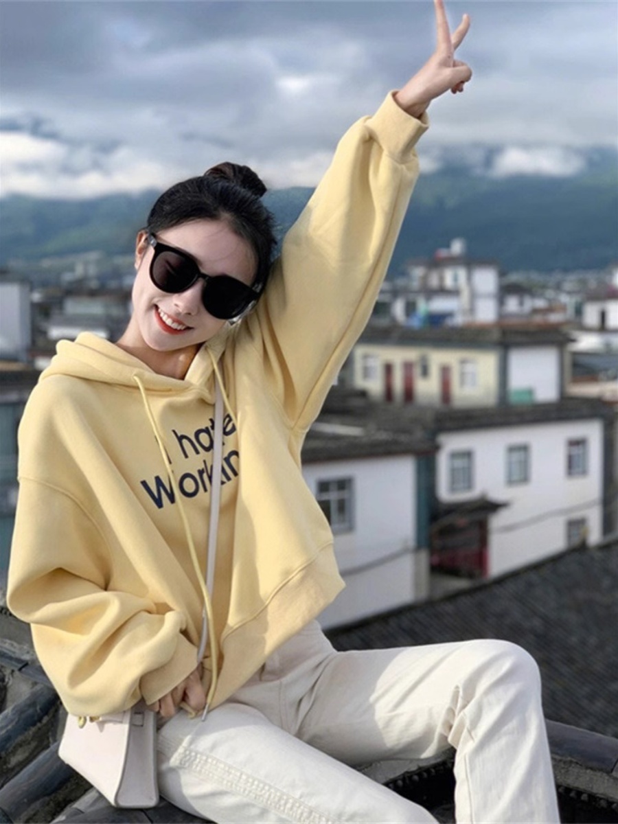 American Retro Yellow Hoodie Coat Women's Spring & Fall Thin Niche Style Small Wide Loose Shoulder Short Tops