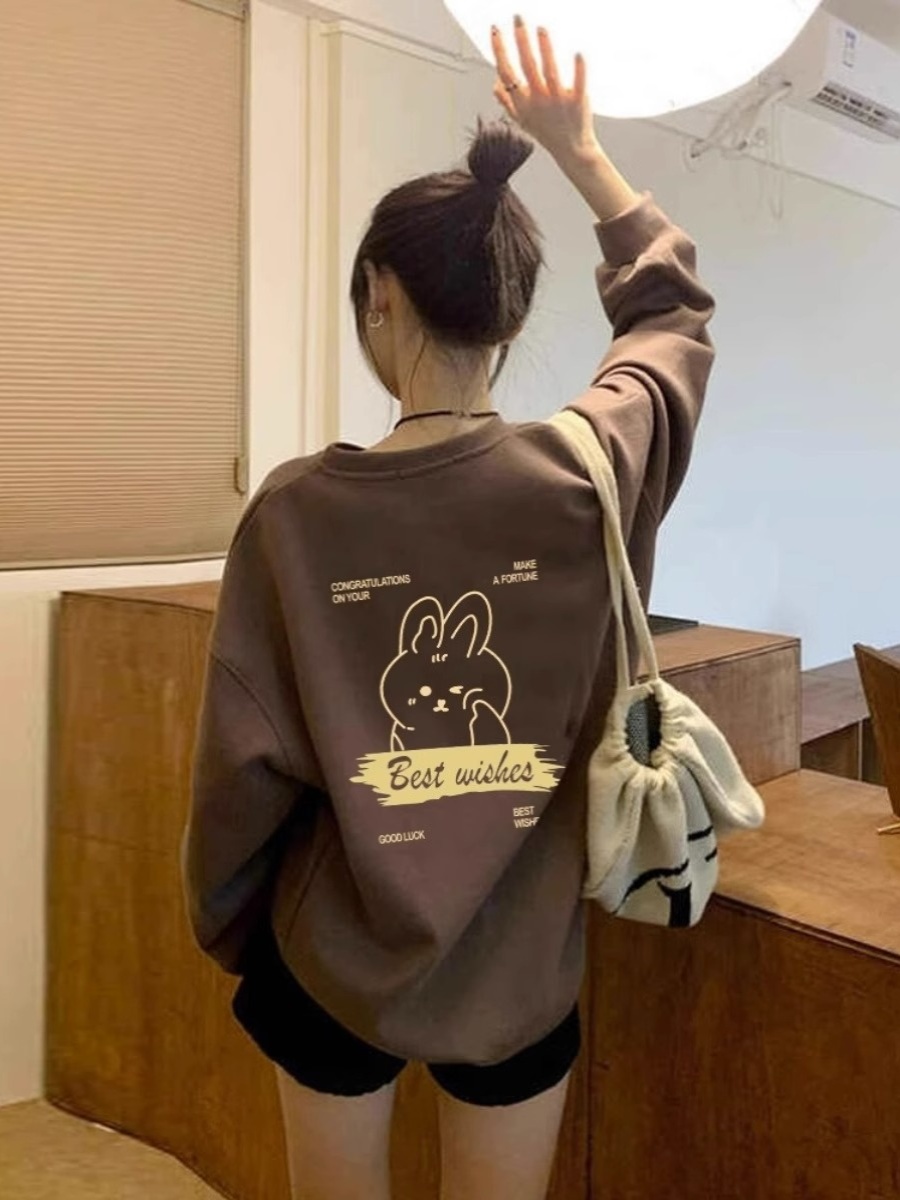round Neck Sweatshirt Women's Spring and Autumn Maillard Wear Thin Print Loose Mid Length Long Length Hip-Covering Pullover Tops Women