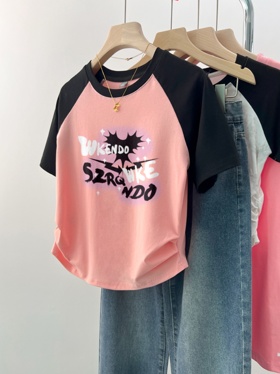 American Retro Slim Looking Shoulder Short T-Shirt Women's Summer 2025 K-style Easiest for Match Pure Cotton Students' Half-Length Sleeve Top